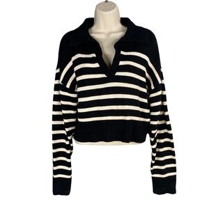 OLIVACEOUS Breton Striped Collared Cropped Sweater Women Medium Preppy Parisian